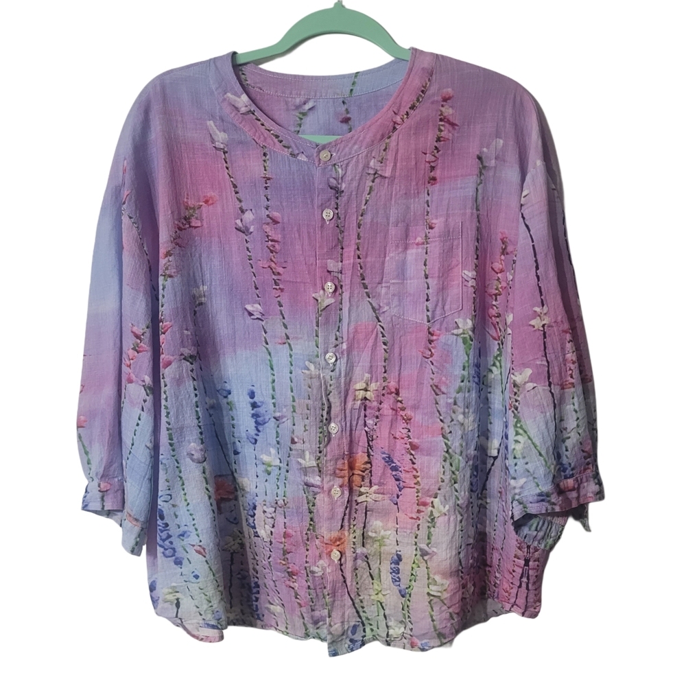 Button-Front Pastel Floral Blouse - Pink & Lavender